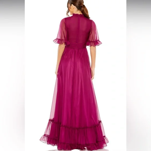 Mac Duggal Ruffled Mock Neck Flutter Sleeve High Low Hem Gown - Picture 2 of 5